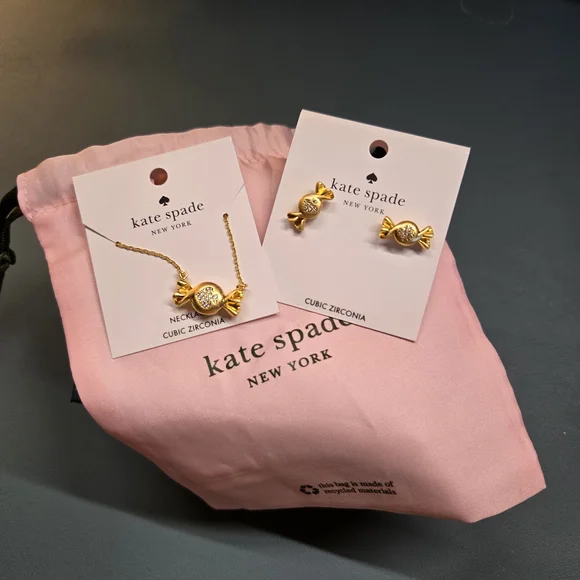 KATE SPADE NWT Set "Treat Yourself" Necklace Earrings Gold - Picture 2 of 4